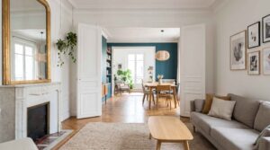 Salon haussmannien ouvrant sur une salle à manger au mur bleu, prolongée par une pièce lumineuse avec parquet en chevrons.