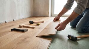 En gros plan, deux mains emboîtent une lame de parquet en chêne clair parmi plusieurs outils de menuiserie au sol.