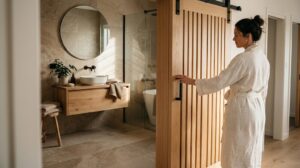salle de bains avec porte coulissante